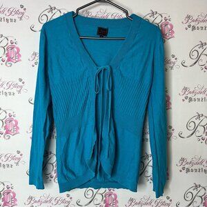 Color works cardigan long sleeve ribbon tie up Teal Women's Top